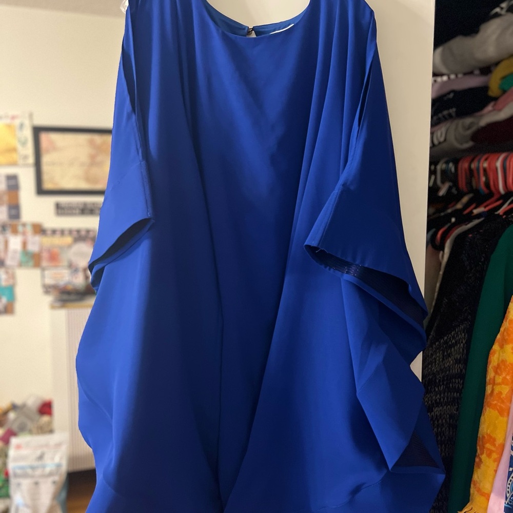 Blue Asymmetrical Dolman Sleeve Cocktail Dress